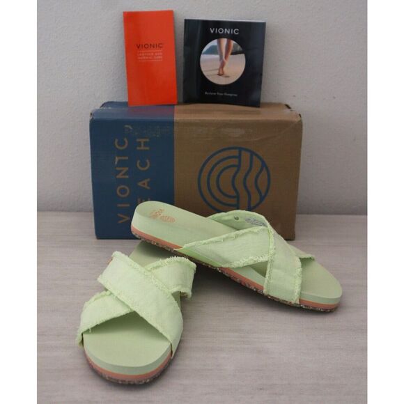 Vionic Beach Women Sz 10M Light Green Panama Canvas Crisscross Slide Sandals - Picture 1 of 14